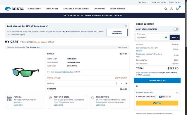 Costa Sunglasses checkout page showing Costa Sunglasses promo code box | Screenshot taken by SimplyCodes community member on Oct 2, 2025