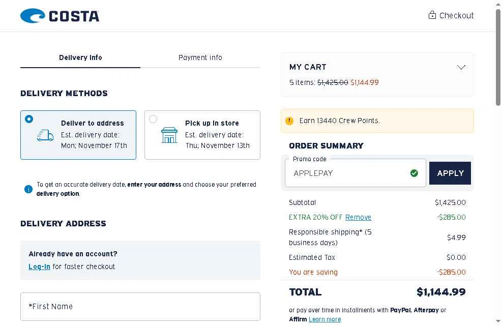 Costa Sunglasses checkout page showing Costa Sunglasses promo code box | Screenshot taken by SimplyCodes community member on Nov 10, 2025