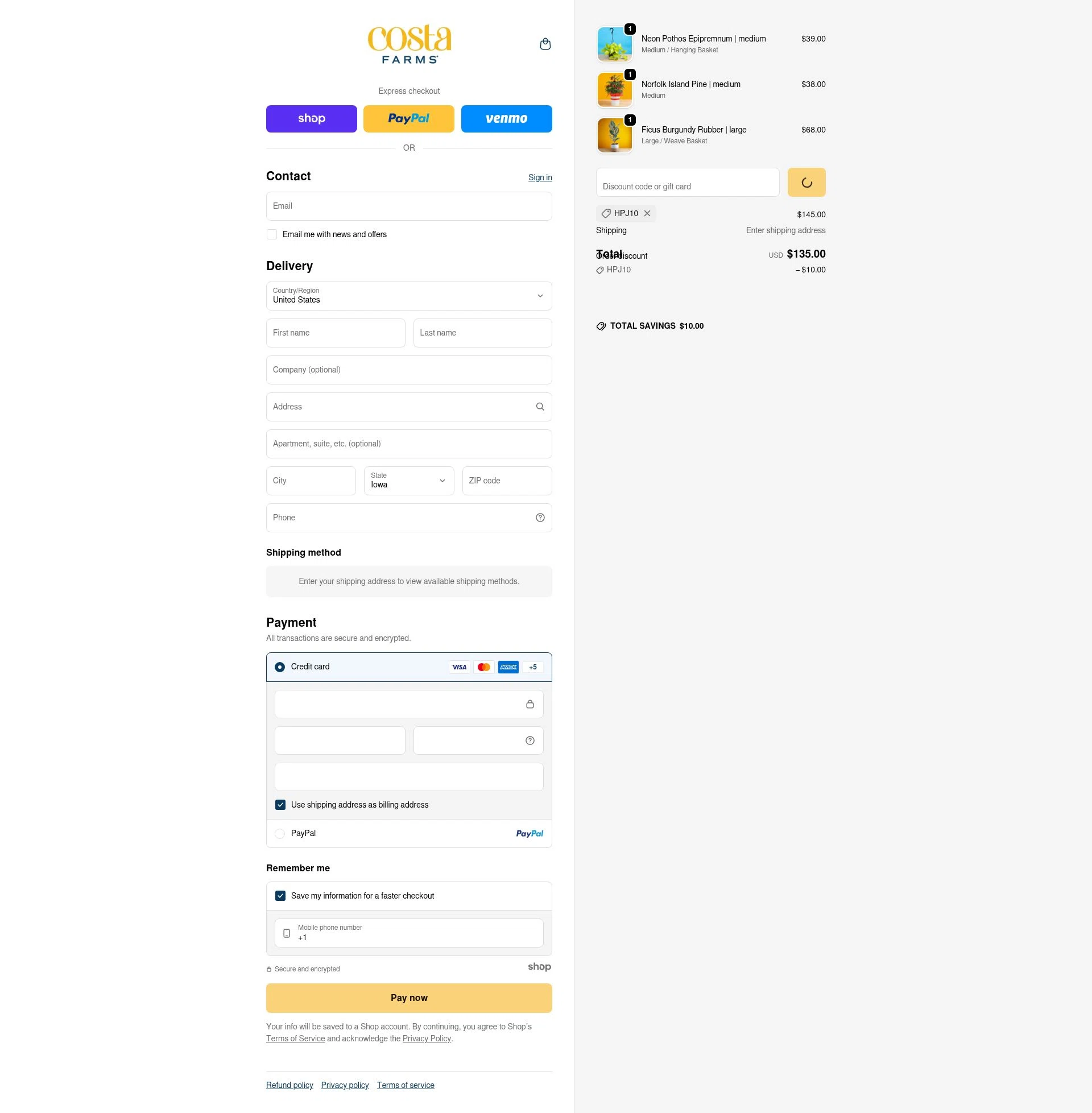 Costa Farms checkout page showing Costa Farms discount code box | Screenshot taken by SimplyCodes community member on Jan 18, 2026