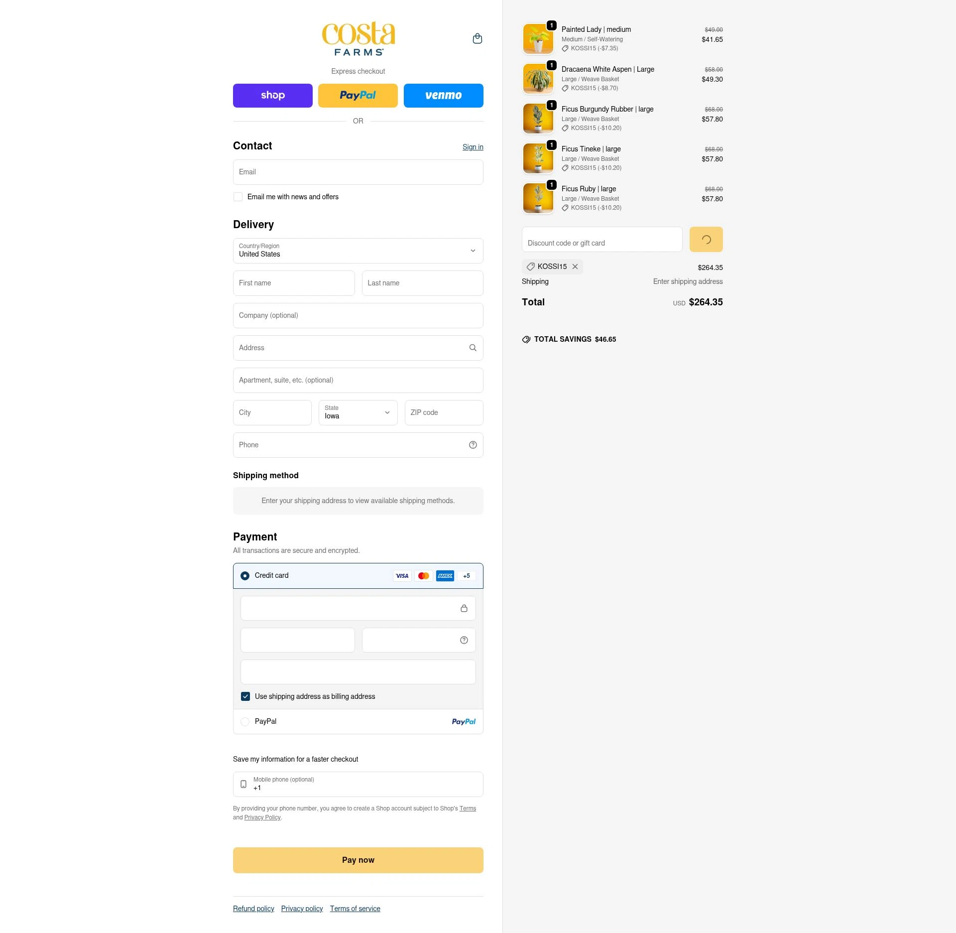 Costa Farms checkout page showing Costa Farms discount code box | Screenshot taken by SimplyCodes community member on Feb 5, 2026