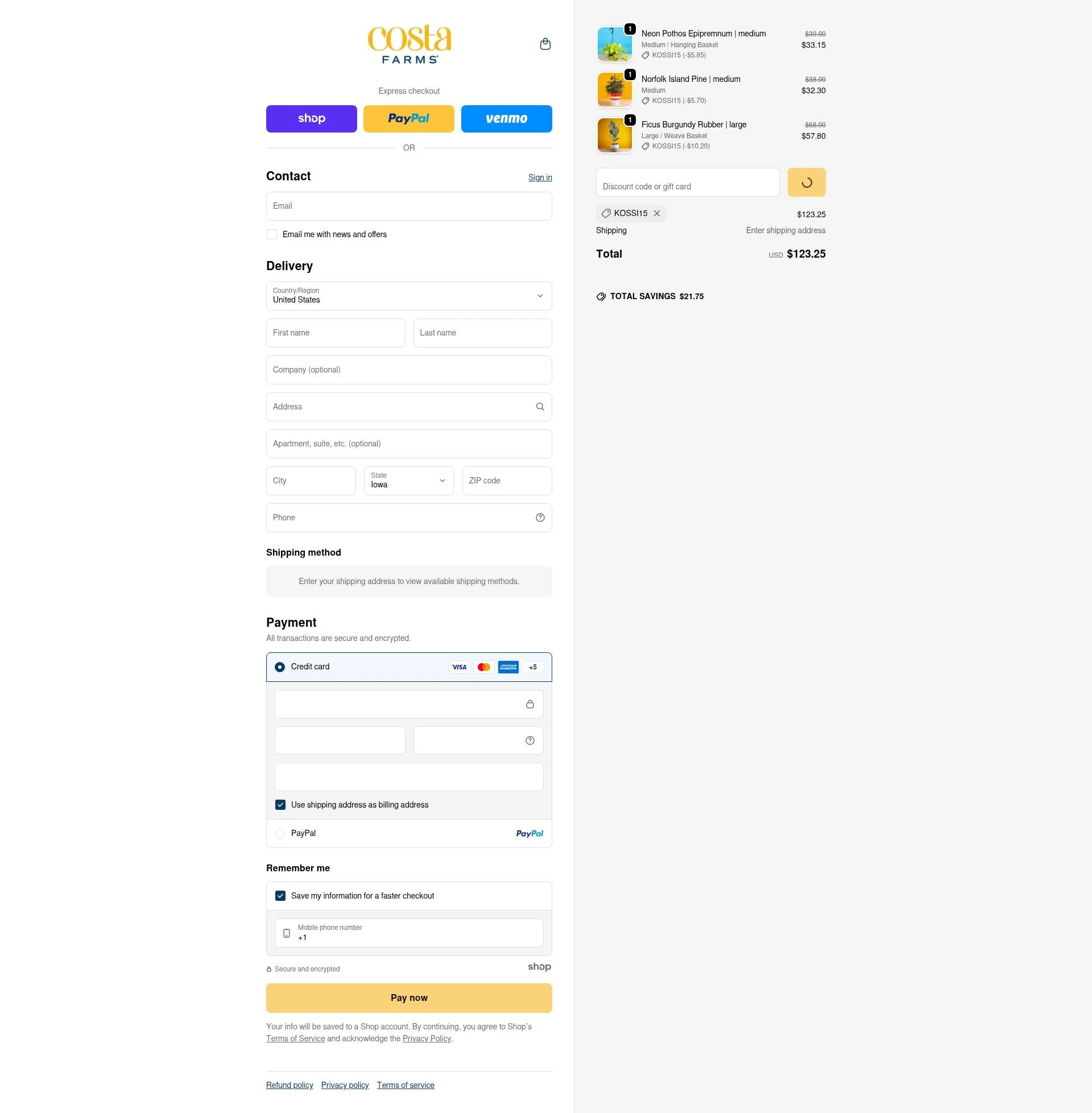 Costa Farms checkout page showing Costa Farms discount code box | Screenshot taken by SimplyCodes community member on Jan 18, 2026