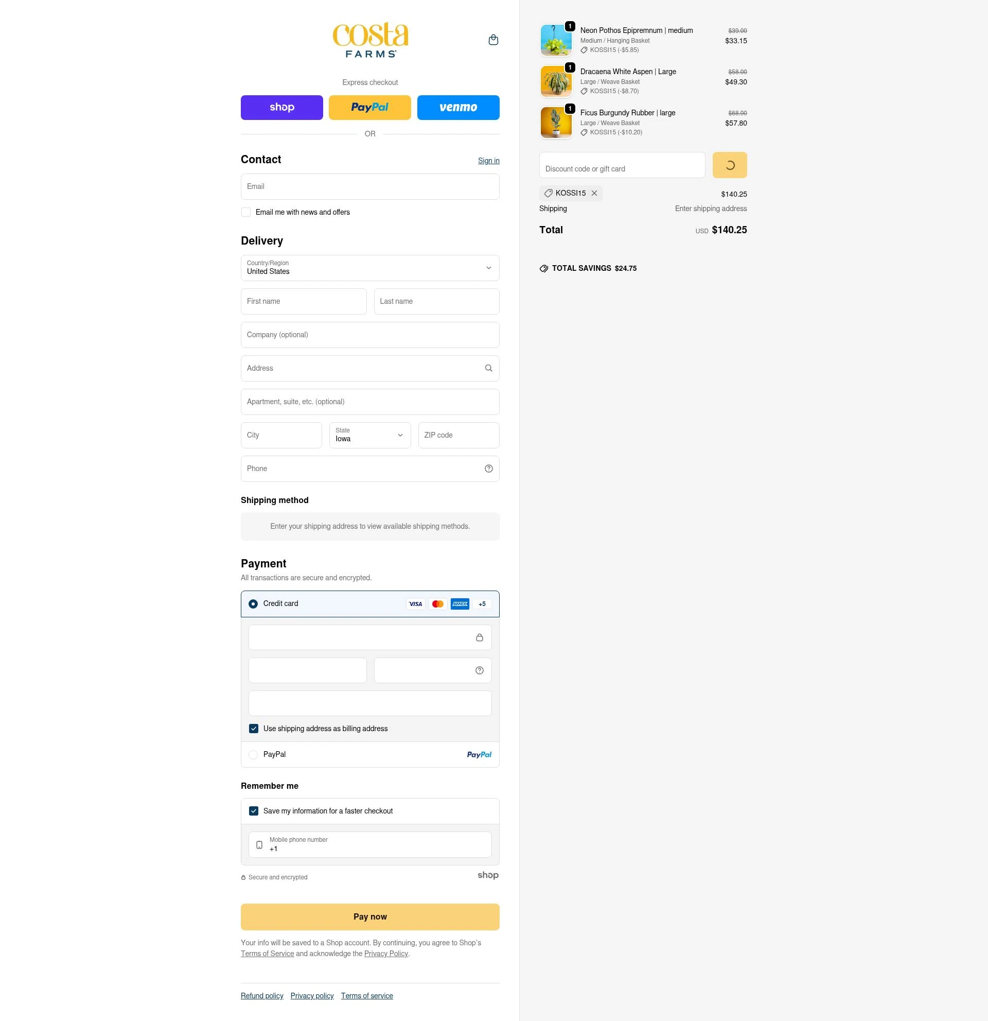 Costa Farms checkout page showing Costa Farms discount code box | Screenshot taken by SimplyCodes community member on Jan 22, 2026
