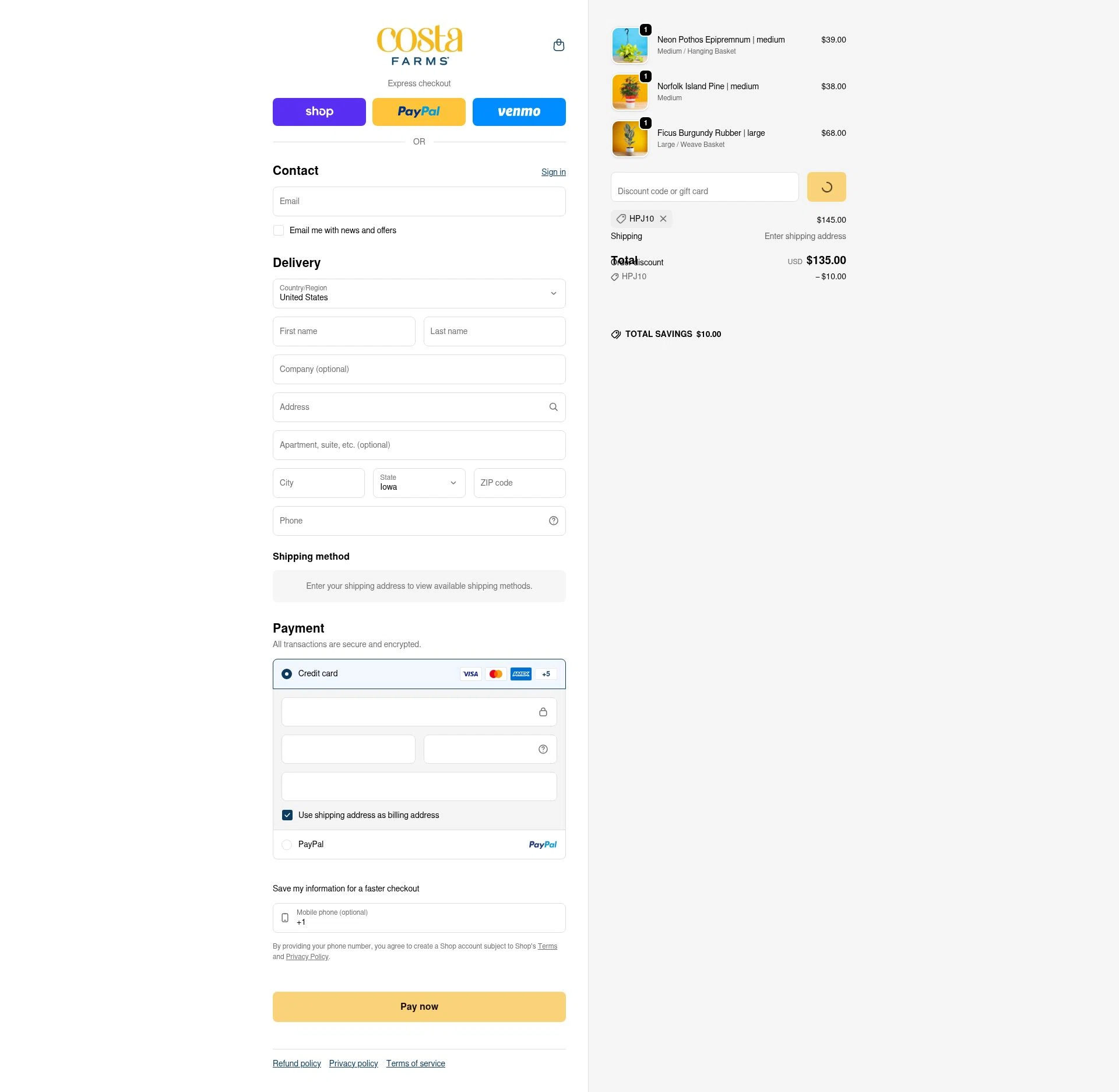 Costa Farms checkout page showing Costa Farms discount code box | Screenshot taken by SimplyCodes community member on Jan 31, 2026