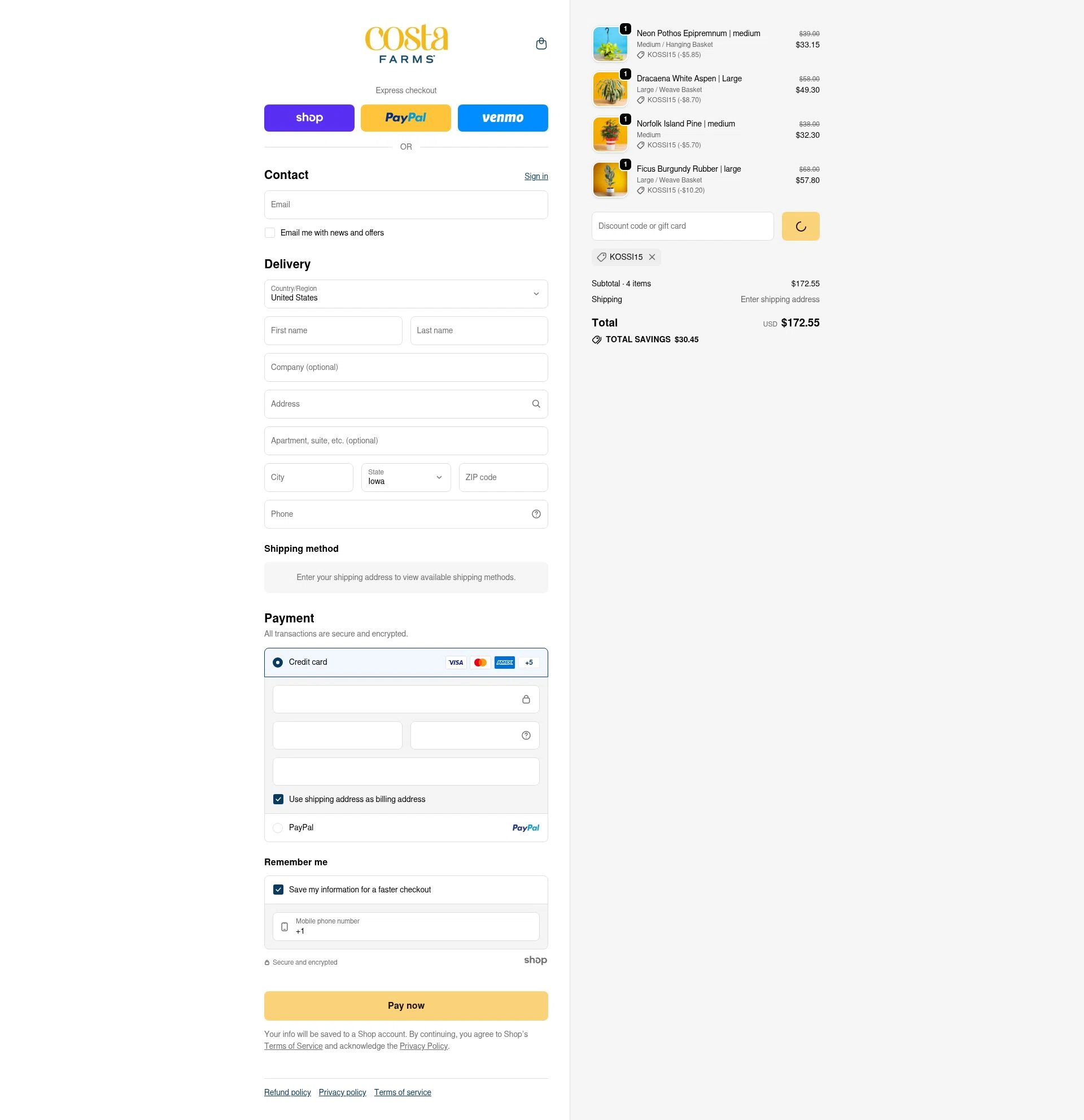 Costa Farms checkout page showing Costa Farms discount code box | Screenshot taken by SimplyCodes community member on Jan 27, 2026