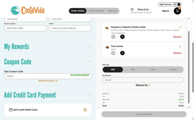 Costa Vida checkout page showing Costa Vida promo code box | Screenshot taken by SimplyCodes community member on Jun 4, 2025