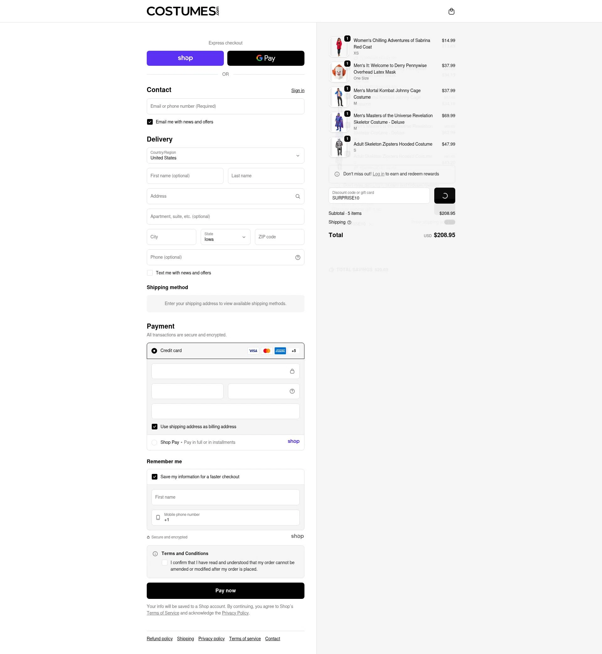Costume Express checkout page showing Costume Express promo code box | Screenshot taken by SimplyCodes community member on Dec 28, 2025