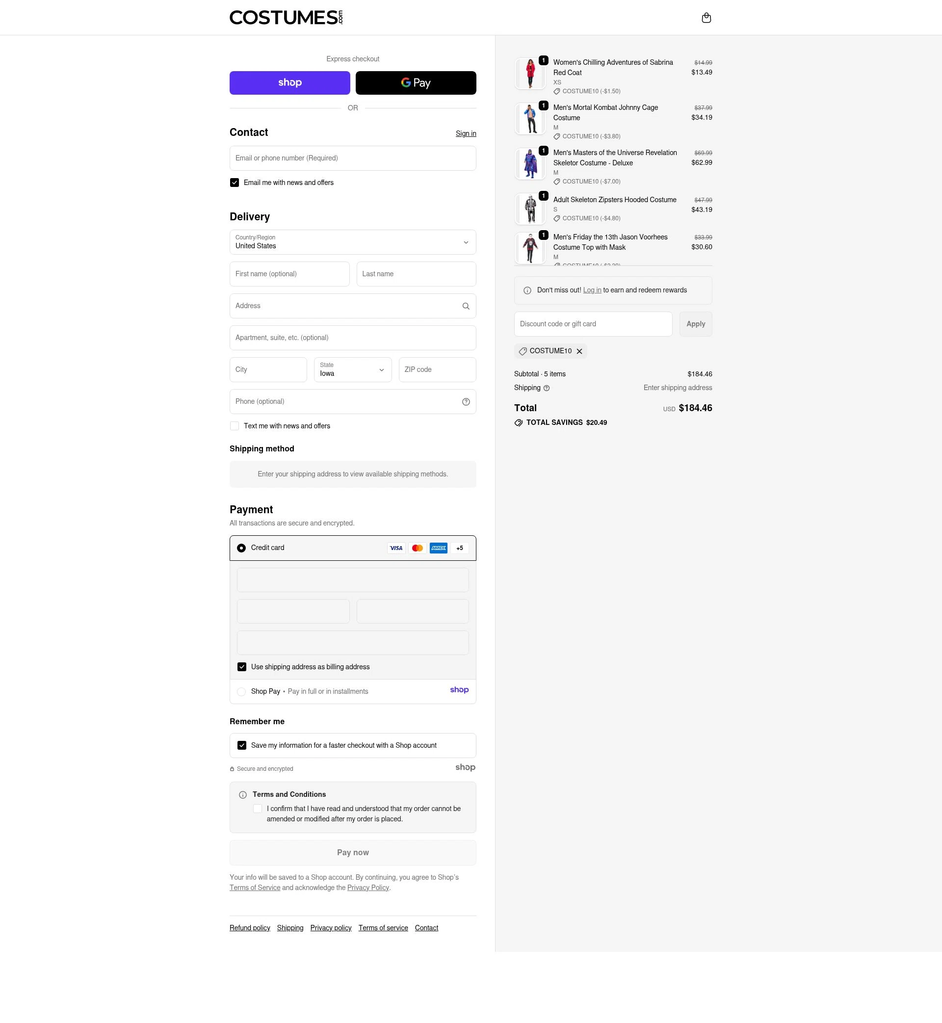 Costume Express checkout page showing Costume Express promo code box | Screenshot taken by SimplyCodes community member on Dec 11, 2025
