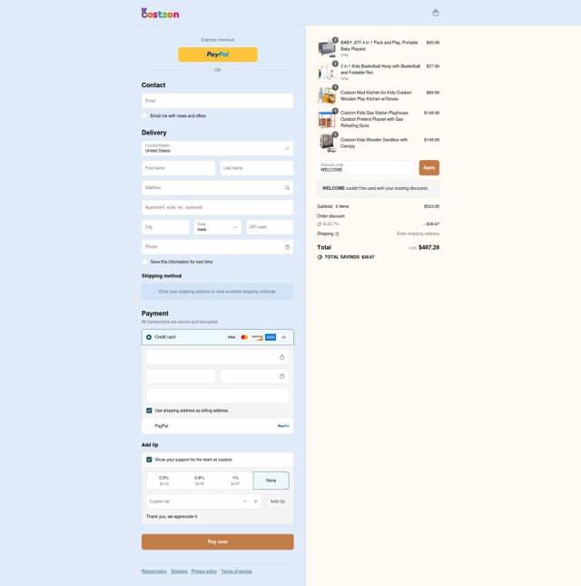 Costzon checkout page showing Costzon discount code box | Screenshot taken by SimplyCodes community member on Sep 2, 2025
