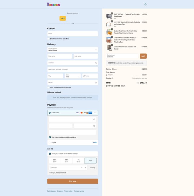 Costzon checkout page showing Costzon discount code box | Screenshot taken by SimplyCodes community member on Aug 25, 2025