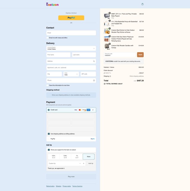 Costzon checkout page showing Costzon discount code box | Screenshot taken by SimplyCodes community member on Sep 2, 2025