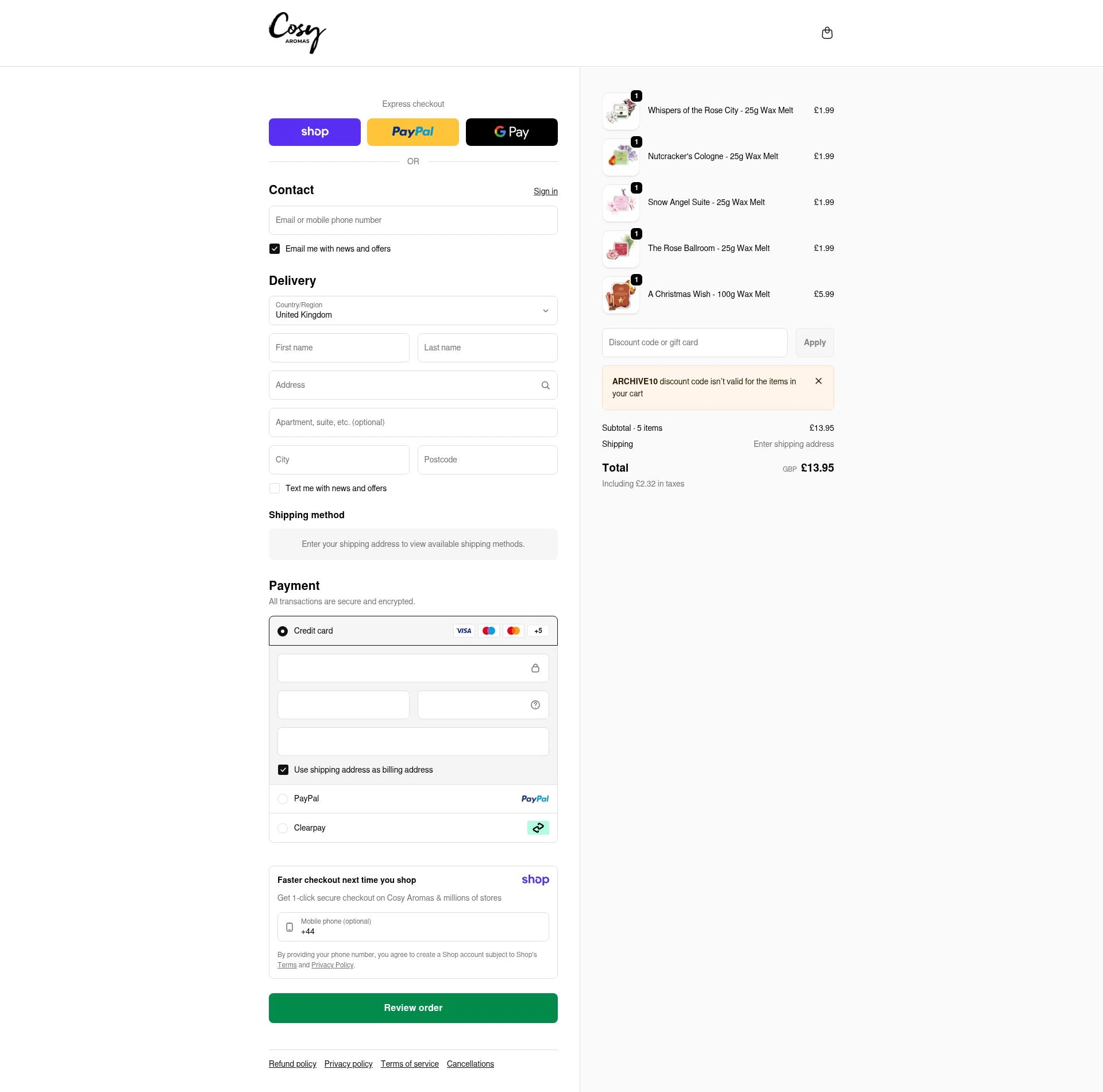 Cosy Candles checkout page showing Cosy Candles promo code box | Screenshot taken by SimplyCodes community member on Jan 9, 2026