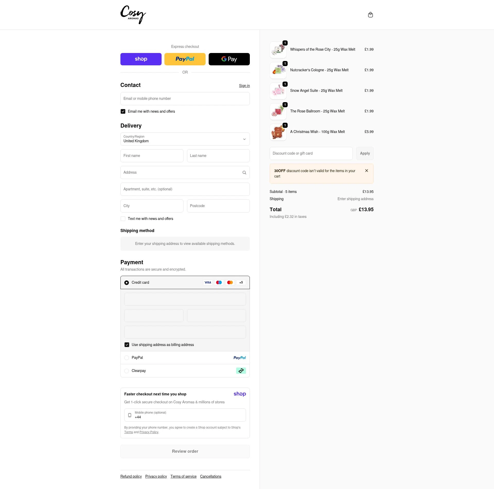 Cosy Candles checkout page showing Cosy Candles promo code box | Screenshot taken by SimplyCodes community member on Jan 9, 2026