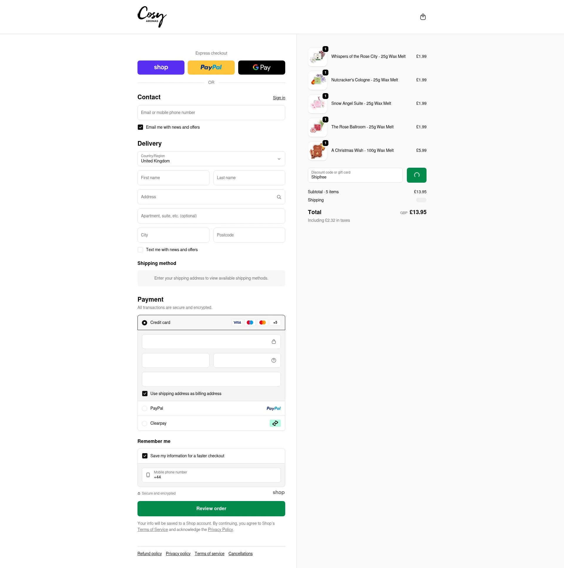 Cosy Candles checkout page showing Cosy Candles promo code box | Screenshot taken by SimplyCodes community member on Jan 4, 2026