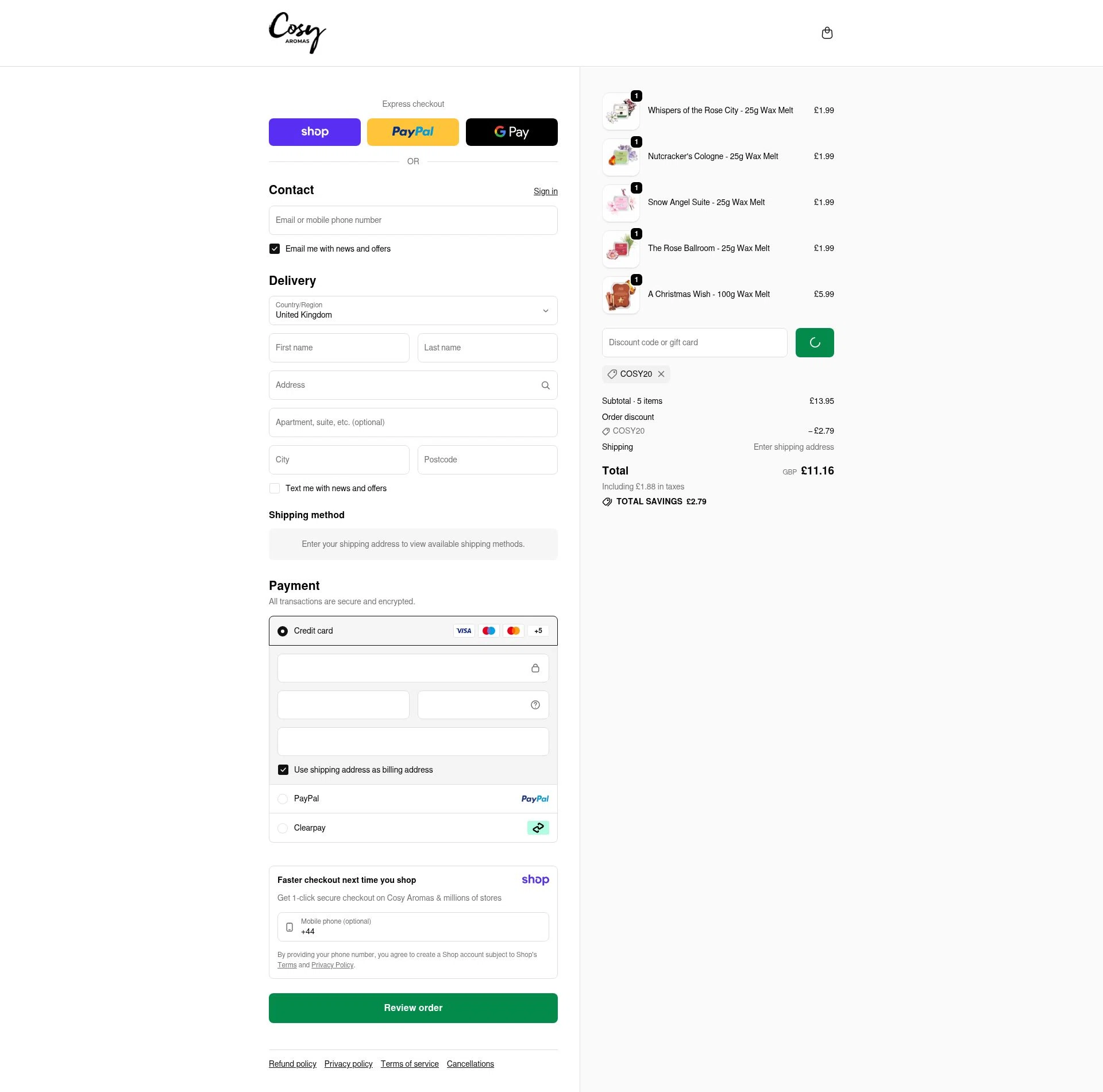 Cosy Candles checkout page showing Cosy Candles promo code box | Screenshot taken by SimplyCodes community member on Jan 9, 2026