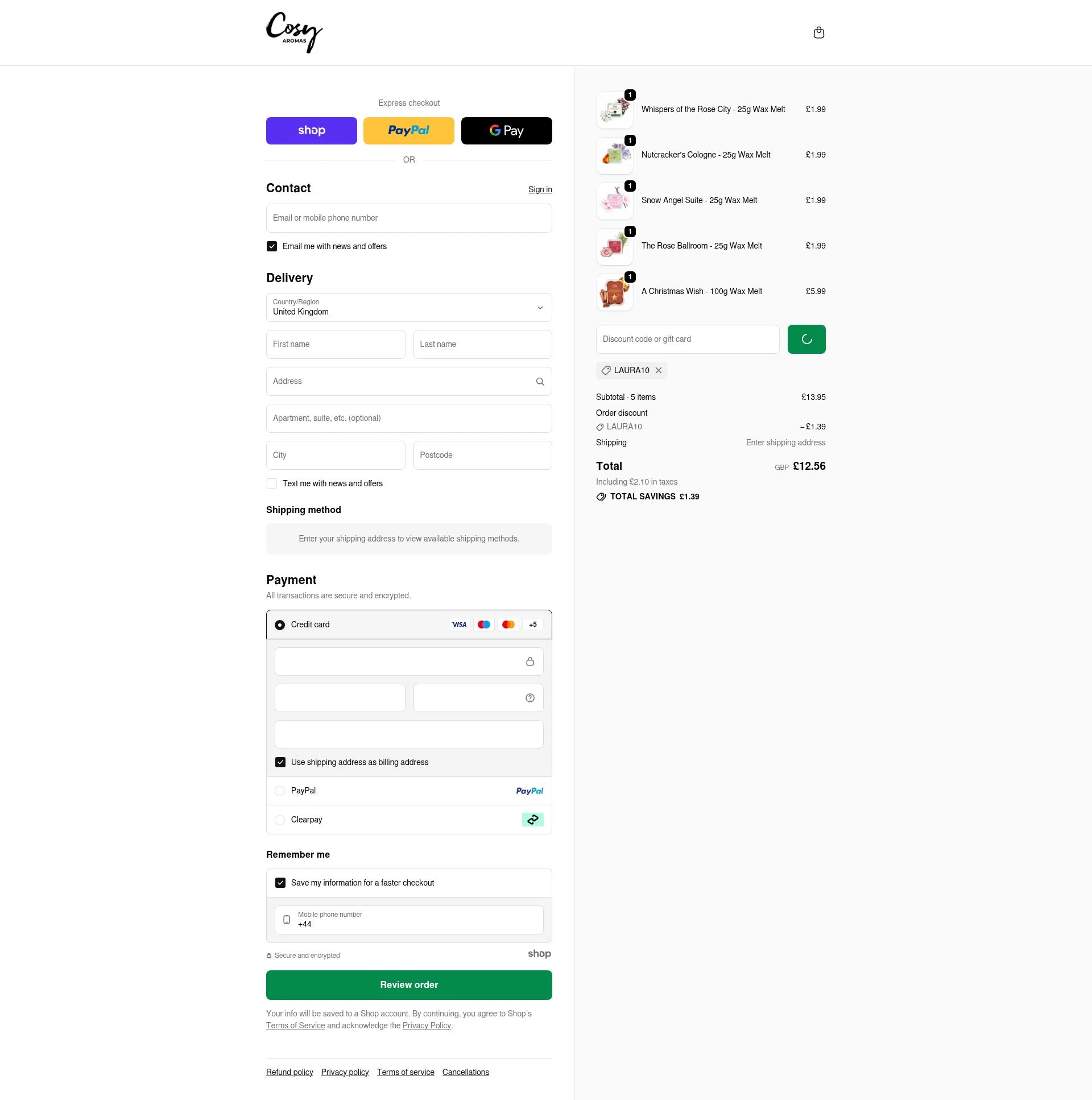 Cosy Candles checkout page showing Cosy Candles promo code box | Screenshot taken by SimplyCodes community member on Jan 4, 2026