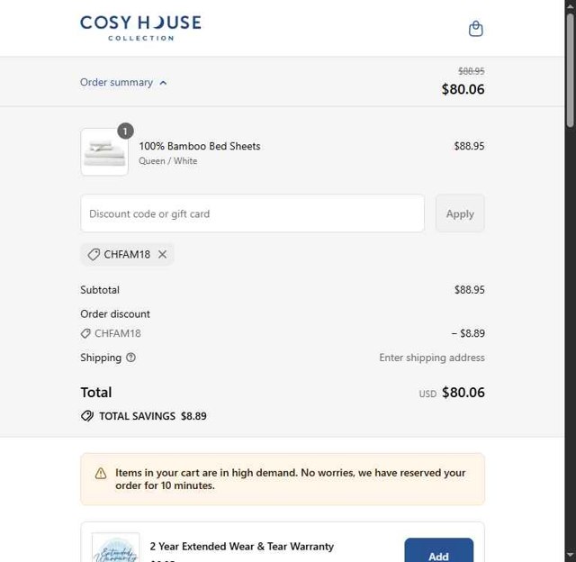 Cosy House Collection checkout page showing Cosy House Collection discount code box | Screenshot taken by SimplyCodes community member on Aug 30, 2025