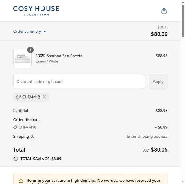 Cosy House Collection checkout page showing Cosy House Collection discount code box | Screenshot taken by SimplyCodes community member on Aug 30, 2025