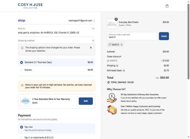 Cosy House Collection checkout page showing Cosy House Collection discount code box | Screenshot taken by SimplyCodes community member on Aug 29, 2025