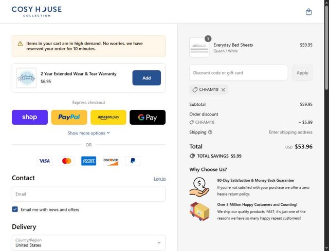 Cosy House Collection checkout page showing Cosy House Collection discount code box | Screenshot taken by SimplyCodes community member on Aug 30, 2025