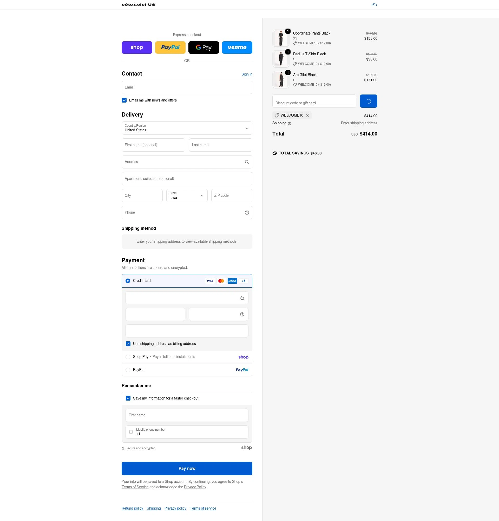 Côte & Ciel checkout page showing Côte & Ciel promo code box | Screenshot taken by SimplyCodes community member on Jan 24, 2026