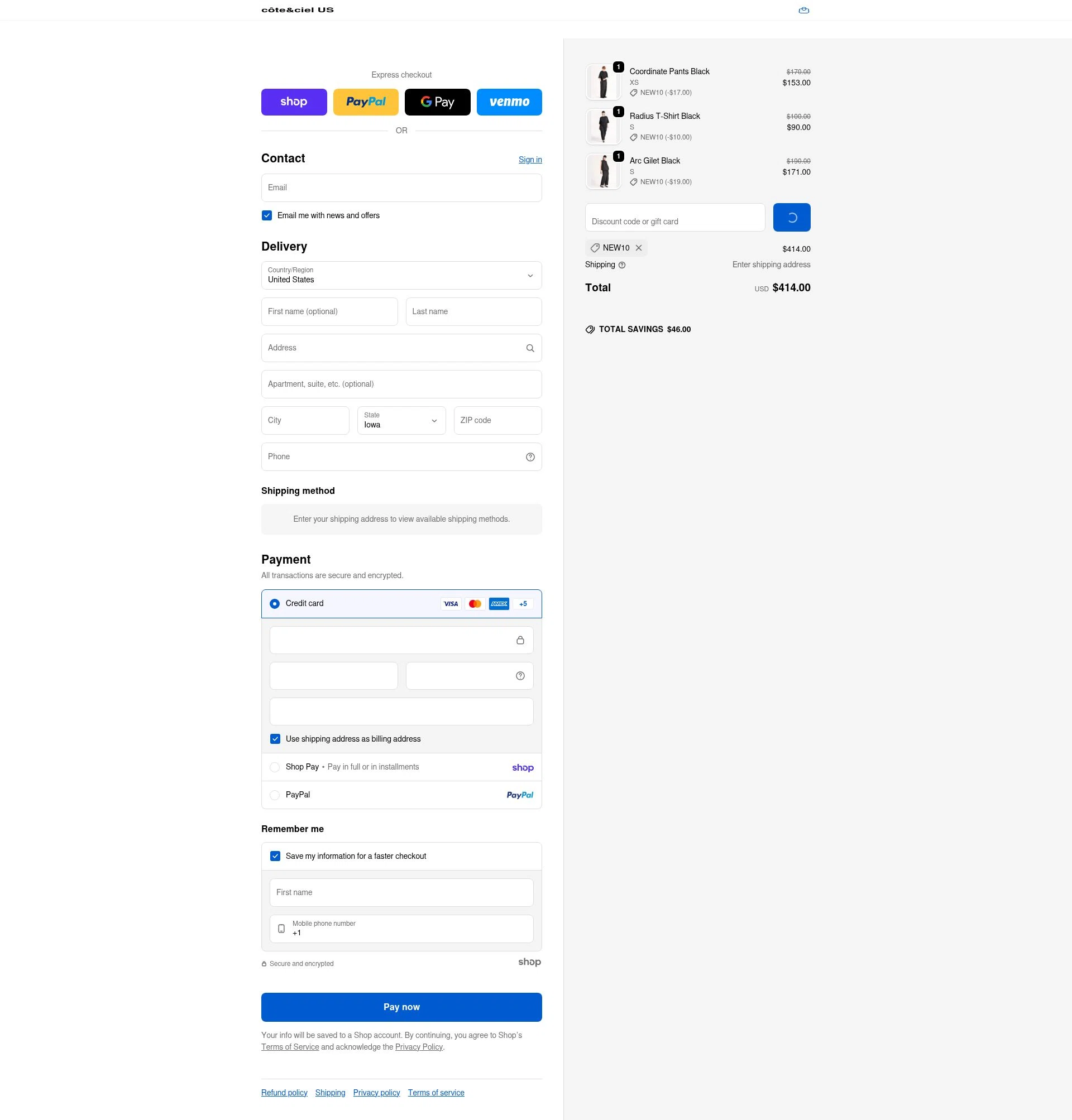 Côte & Ciel checkout page showing Côte & Ciel promo code box | Screenshot taken by SimplyCodes community member on Jan 24, 2026