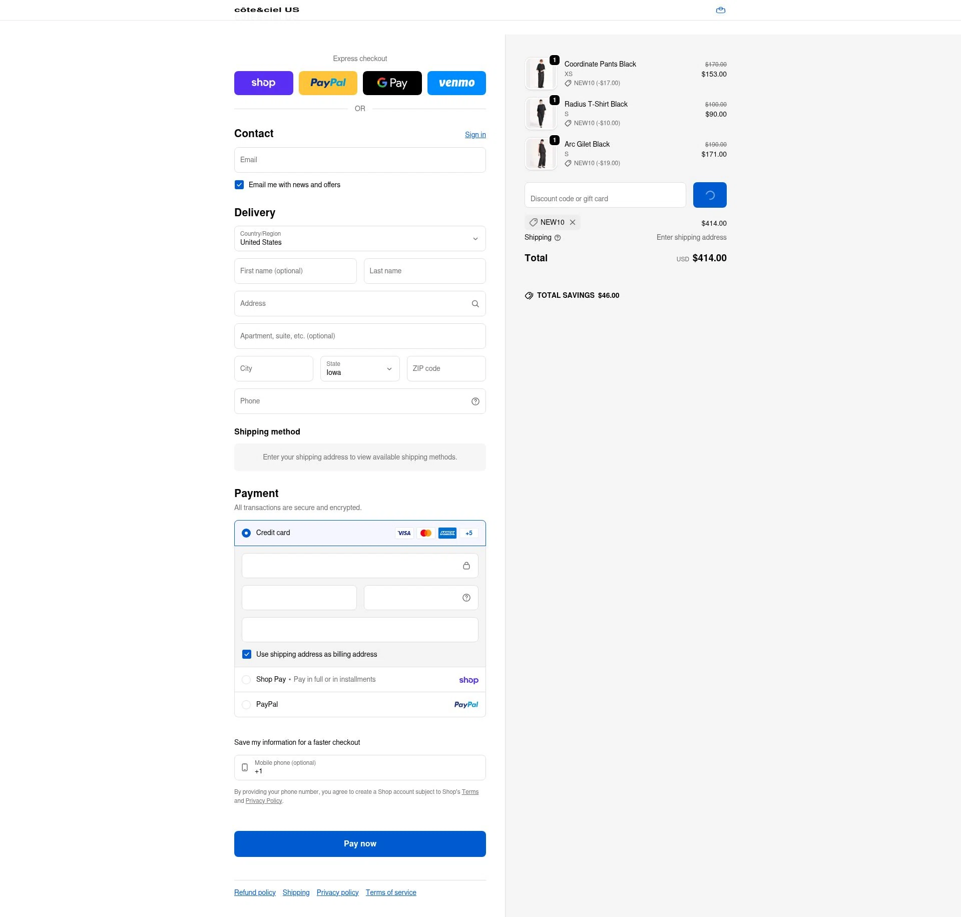 Côte & Ciel checkout page showing Côte & Ciel promo code box | Screenshot taken by SimplyCodes community member on Feb 2, 2026