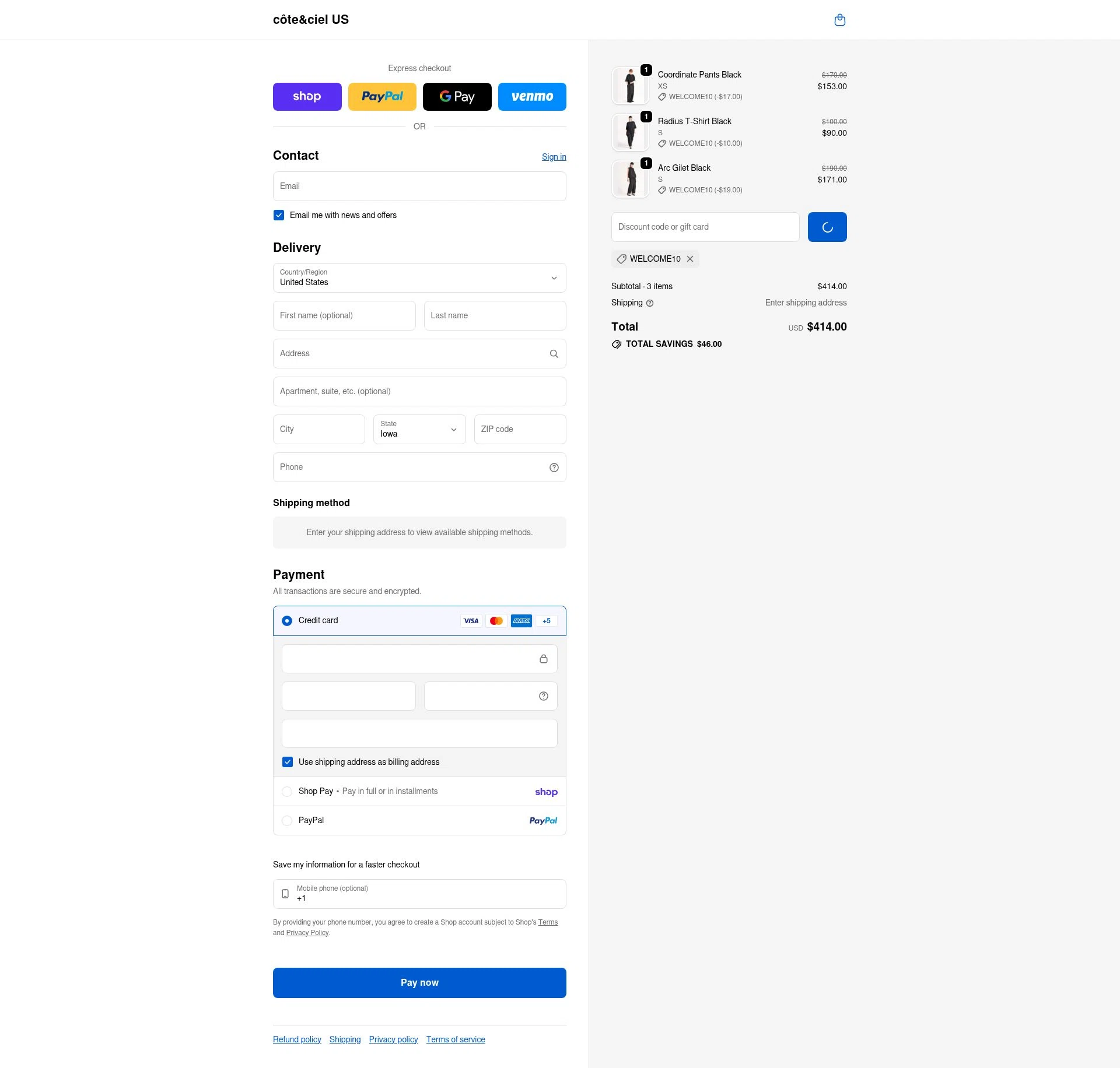 Côte & Ciel checkout page showing Côte & Ciel promo code box | Screenshot taken by SimplyCodes community member on Feb 2, 2026