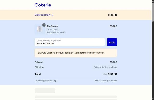 Coterie checkout page showing Coterie discount code box | Screenshot taken by SimplyCodes community member on May 10, 2025