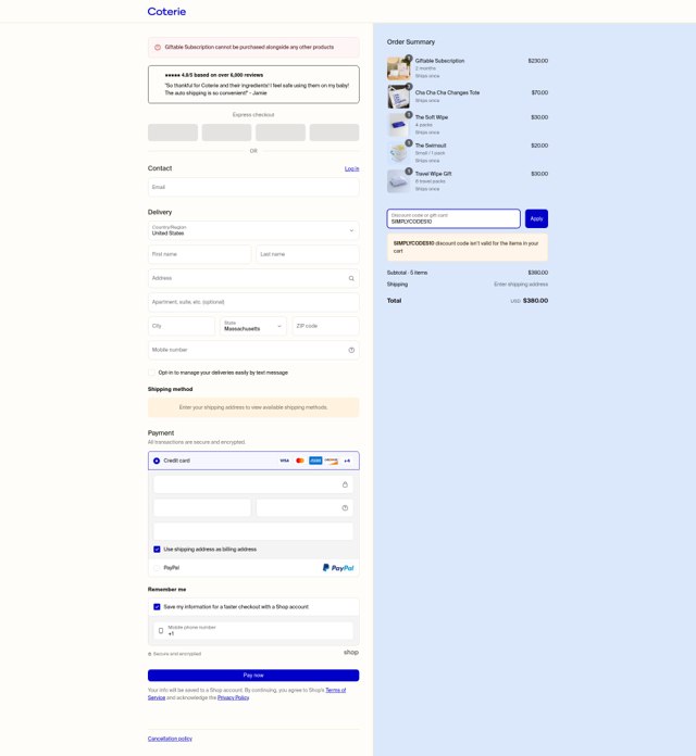 Coterie checkout page showing Coterie discount code box | Screenshot taken by SimplyCodes community member on Apr 2, 2025