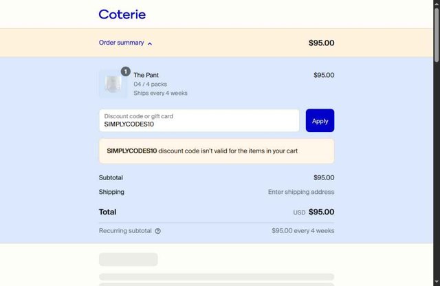 Coterie checkout page showing Coterie discount code box | Screenshot taken by SimplyCodes community member on May 10, 2025