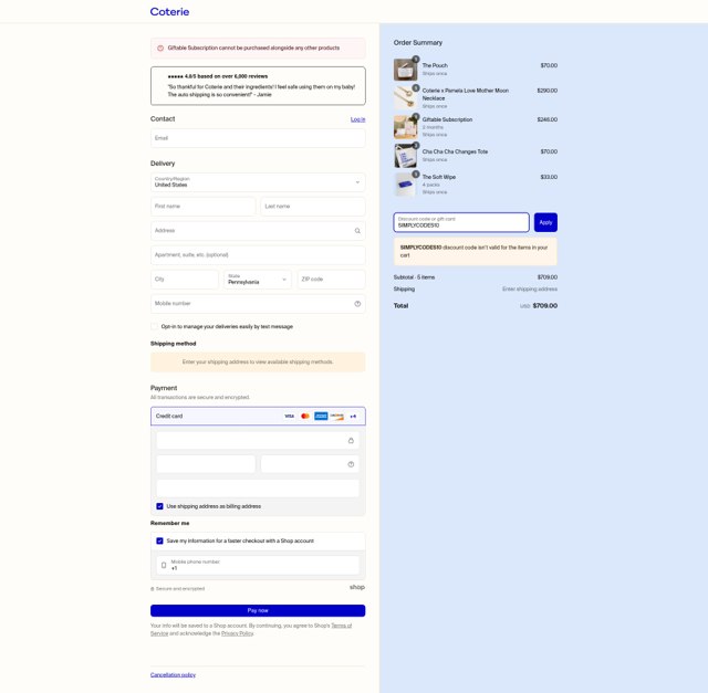 Coterie checkout page showing Coterie discount code box | Screenshot taken by SimplyCodes community member on Jun 5, 2025