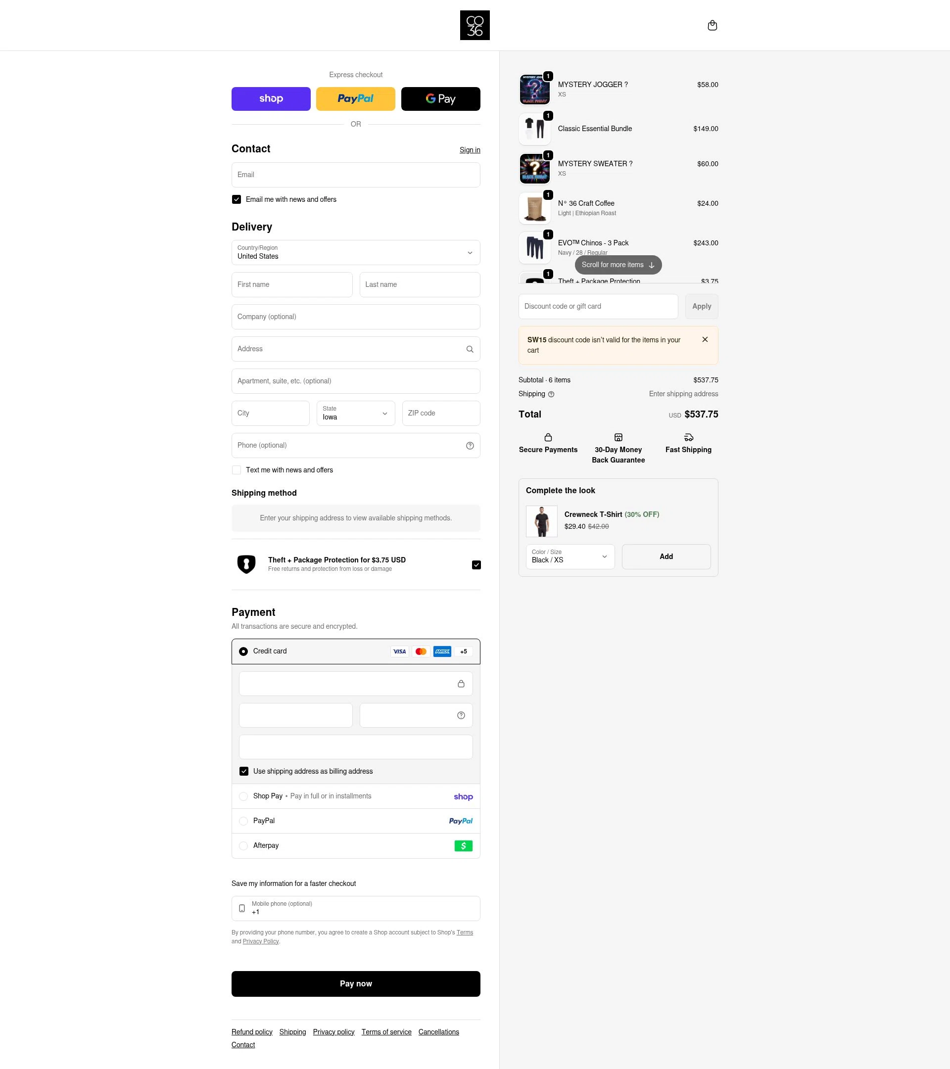 Co.Thirty Six checkout page showing Co.Thirty Six promo code box | Screenshot taken by SimplyCodes community member on Feb 13, 2026