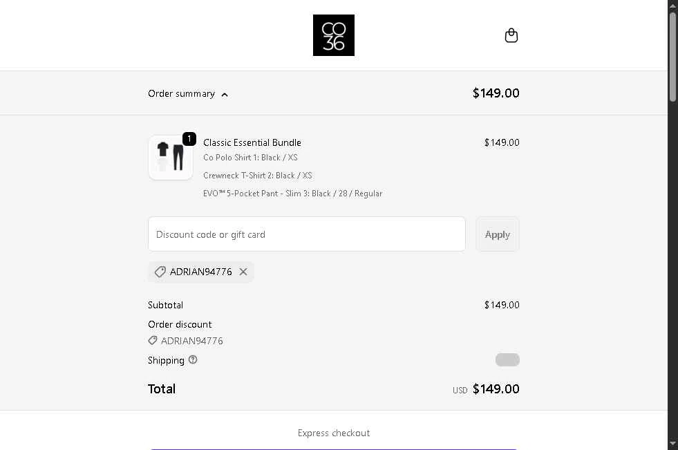 Co.Thirty Six checkout page showing Co.Thirty Six promo code box | Screenshot taken by SimplyCodes community member on Feb 4, 2026