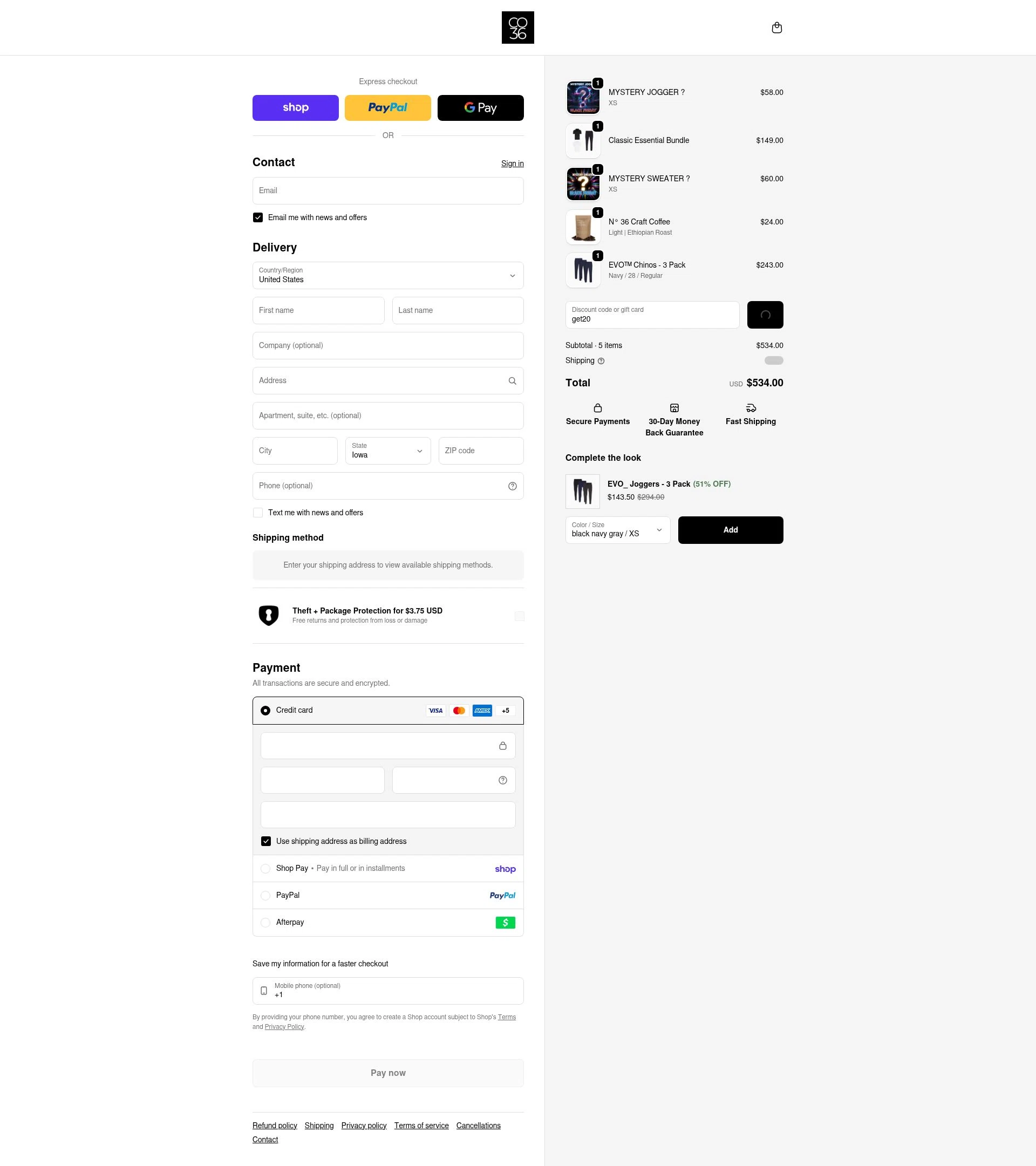 Co.Thirty Six checkout page showing Co.Thirty Six promo code box | Screenshot taken by SimplyCodes community member on Feb 17, 2026