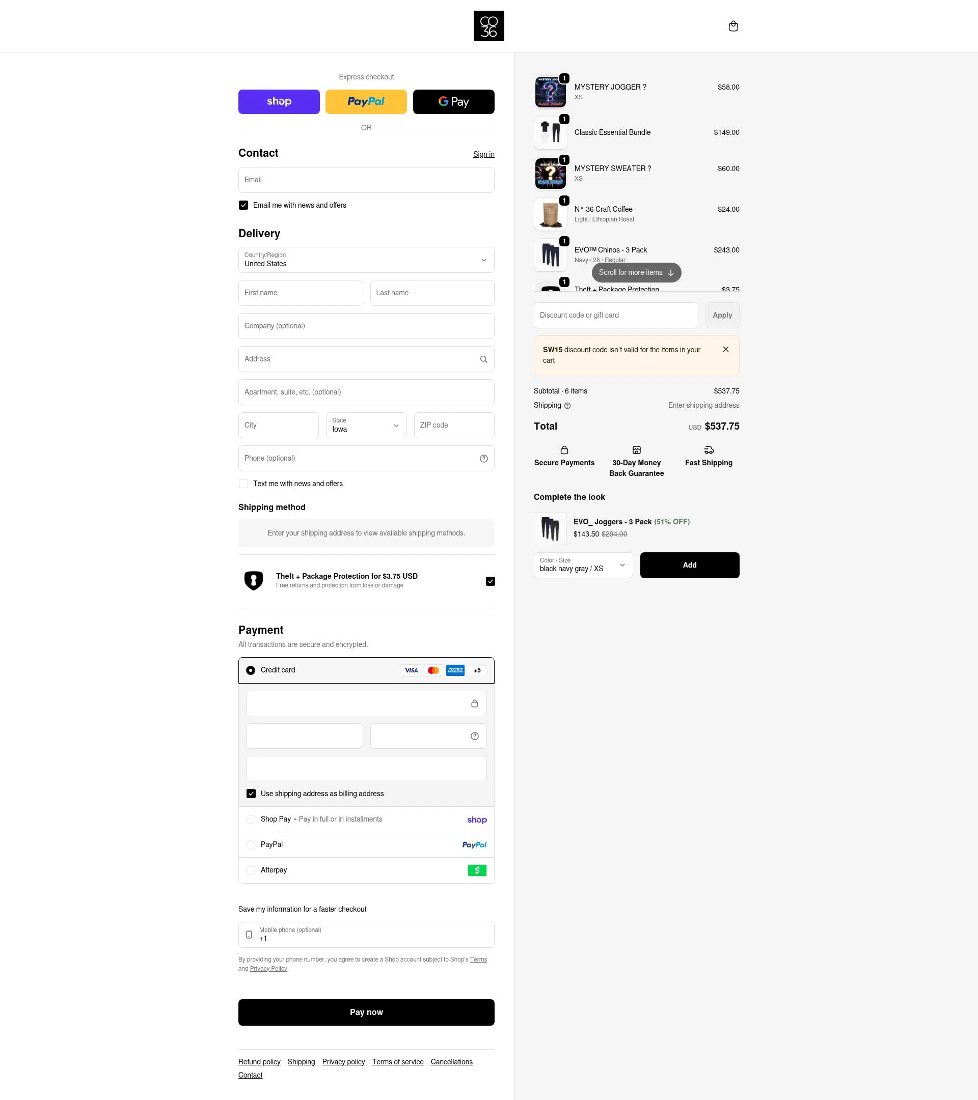 Co.Thirty Six checkout page showing Co.Thirty Six promo code box | Screenshot taken by SimplyCodes community member on Feb 17, 2026