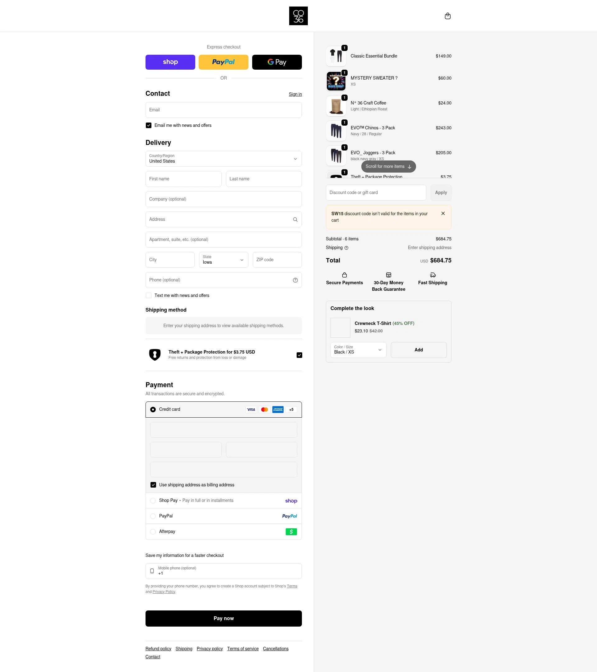 Co.Thirty Six checkout page showing Co.Thirty Six promo code box | Screenshot taken by SimplyCodes community member on Feb 8, 2026