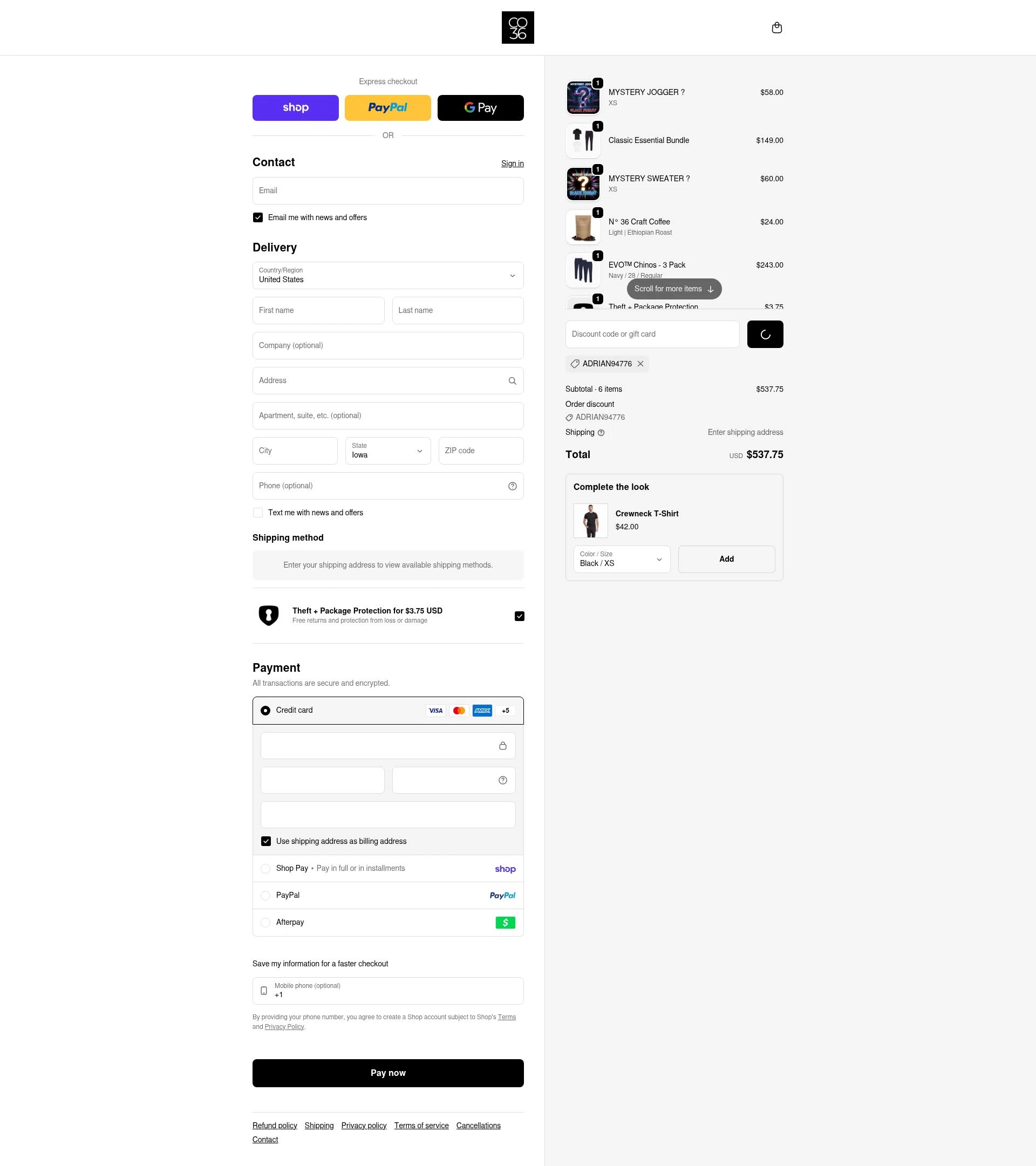 Co.Thirty Six checkout page showing Co.Thirty Six promo code box | Screenshot taken by SimplyCodes community member on Feb 13, 2026
