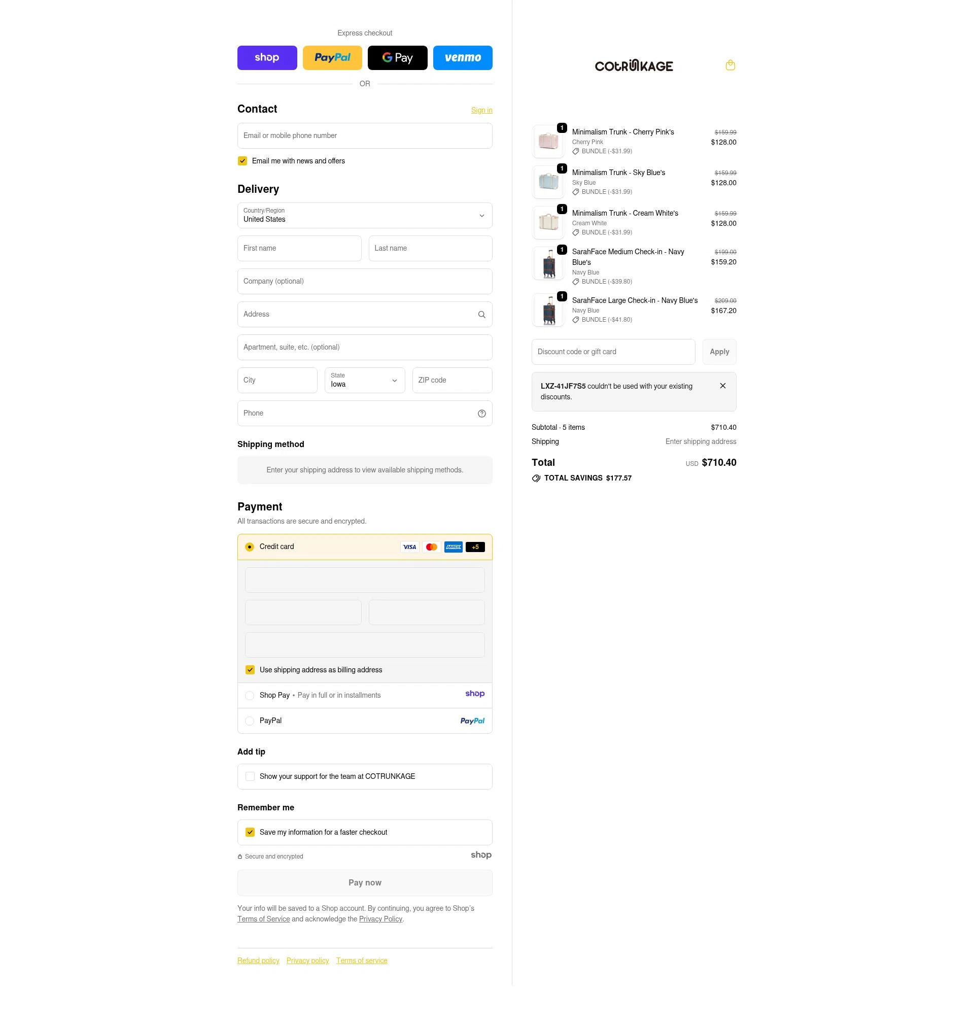 Cotrunkage checkout page showing Cotrunkage promo code box | Screenshot taken by SimplyCodes community member on Jan 9, 2026