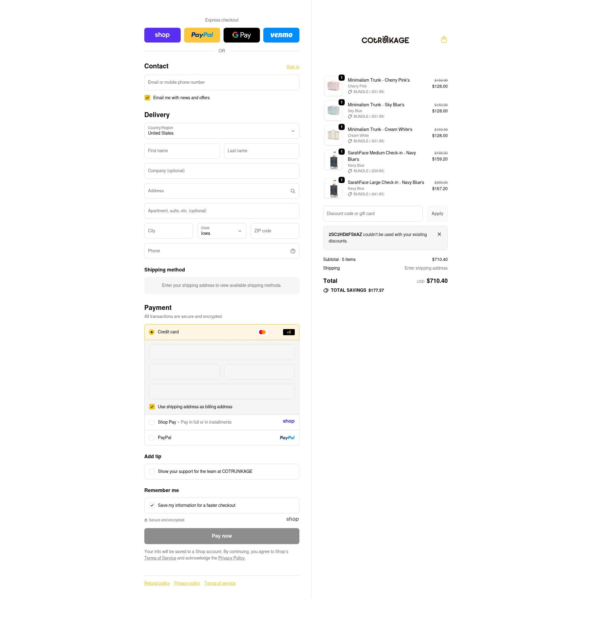 Cotrunkage checkout page showing Cotrunkage promo code box | Screenshot taken by SimplyCodes community member on Jan 9, 2026
