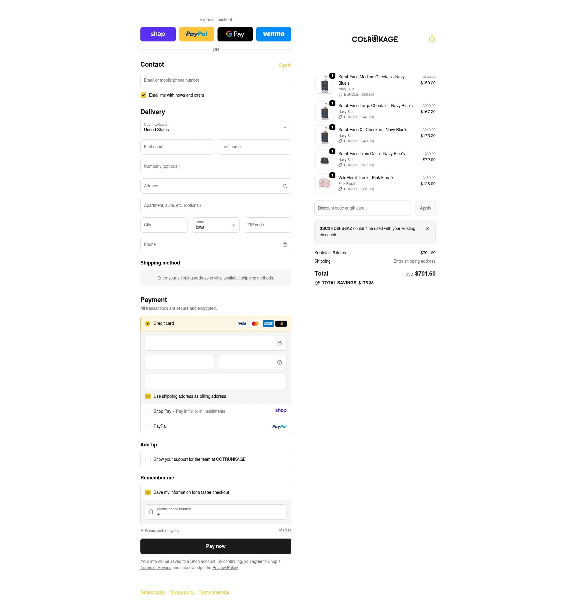 Cotrunkage checkout page showing Cotrunkage promo code box | Screenshot taken by SimplyCodes community member on Dec 30, 2025