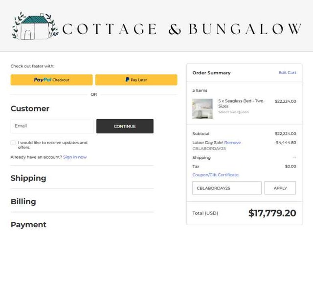 Cottage and Bungalow checkout page showing Cottage and Bungalow promo code box | Screenshot taken by SimplyCodes community member on Aug 28, 2025