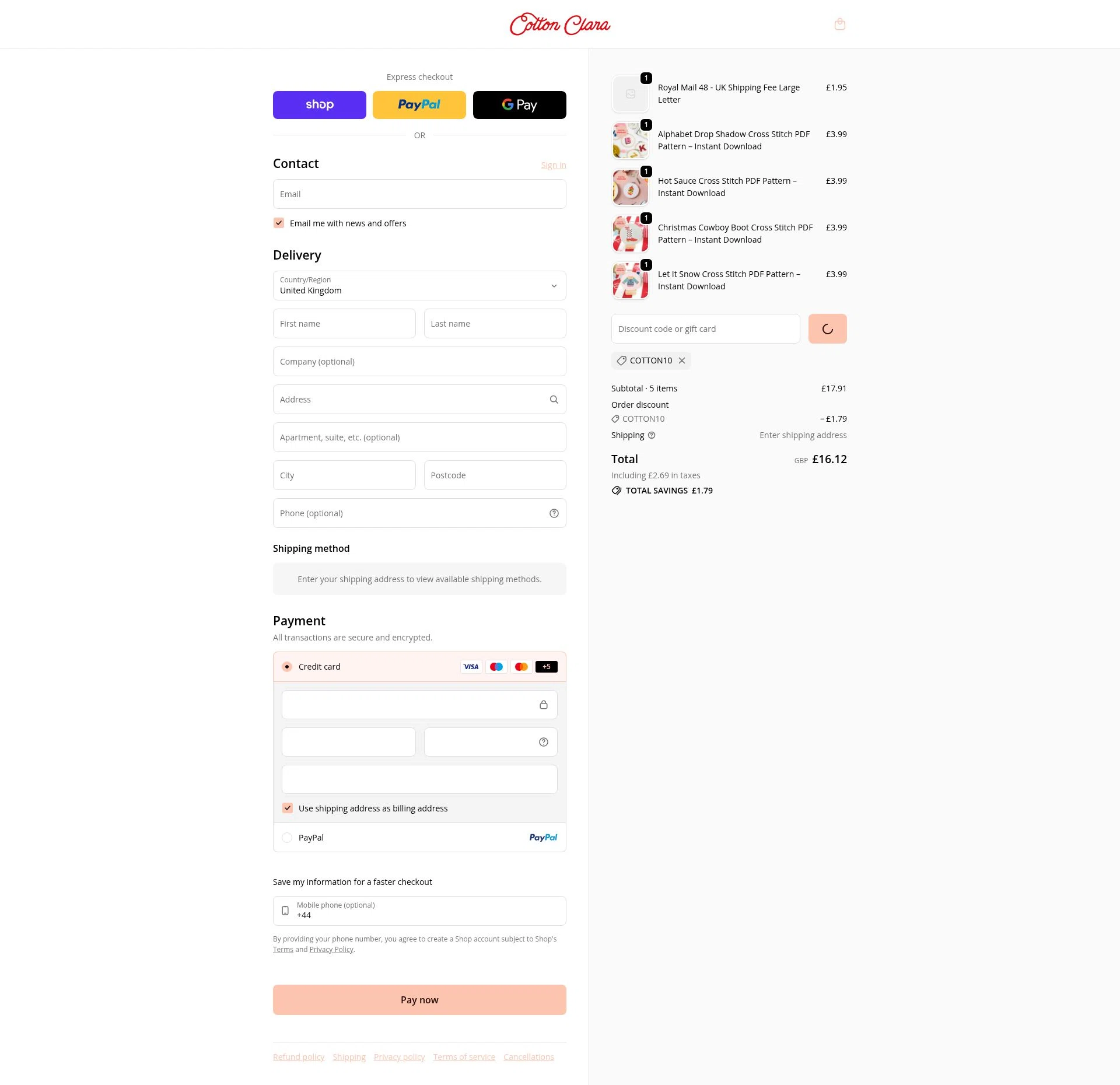 Cotton Clara checkout page showing Cotton Clara discount code box | Screenshot taken by SimplyCodes community member on Feb 3, 2026