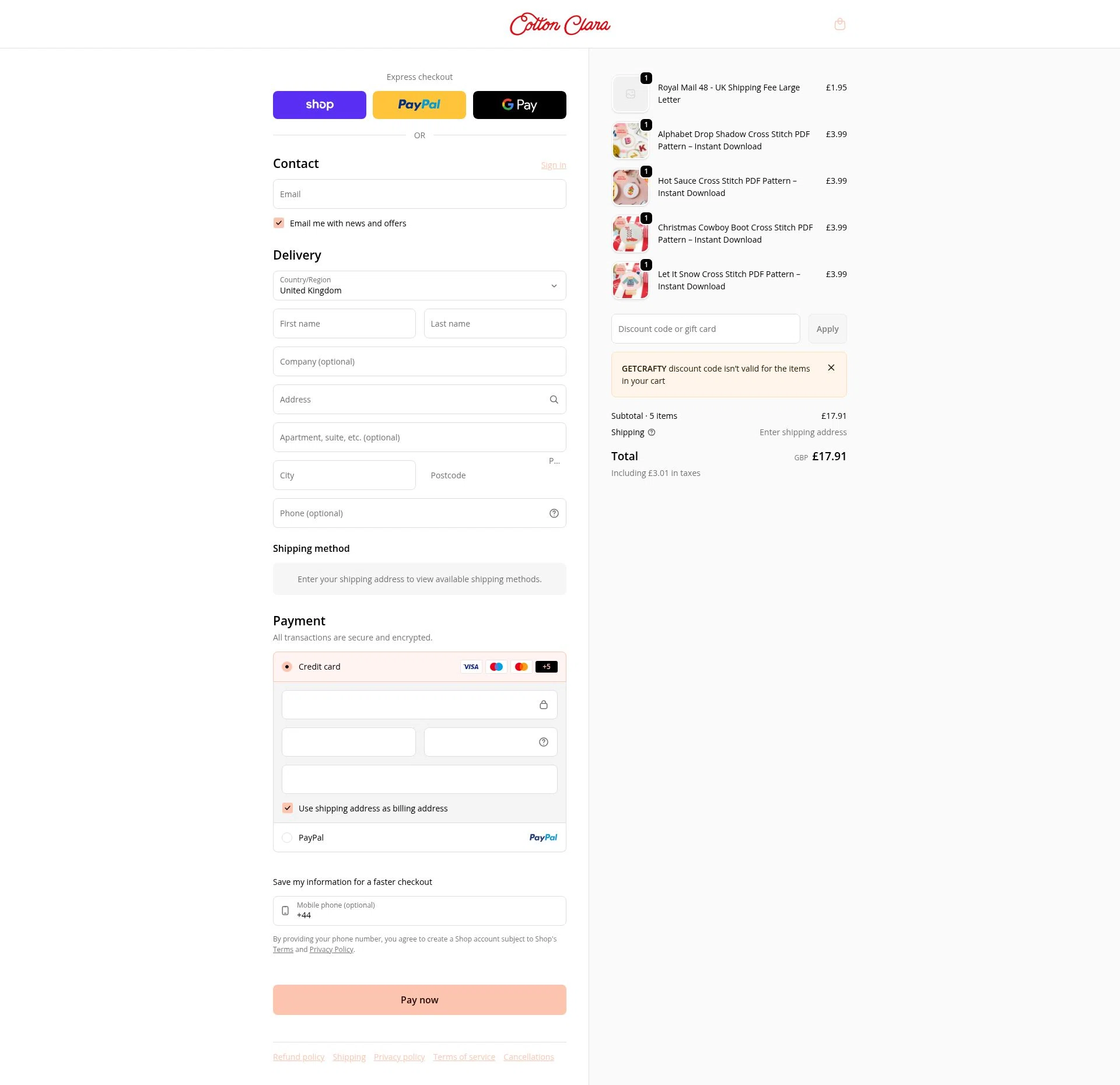 Cotton Clara checkout page showing Cotton Clara discount code box | Screenshot taken by SimplyCodes community member on Feb 7, 2026