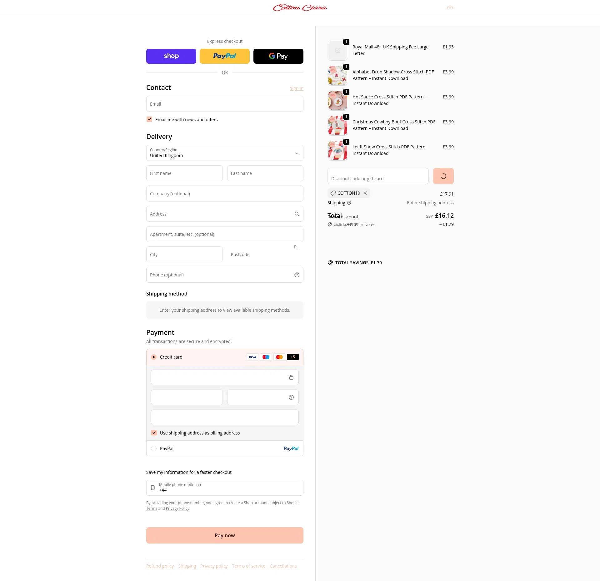 Cotton Clara checkout page showing Cotton Clara discount code box | Screenshot taken by SimplyCodes community member on Feb 7, 2026