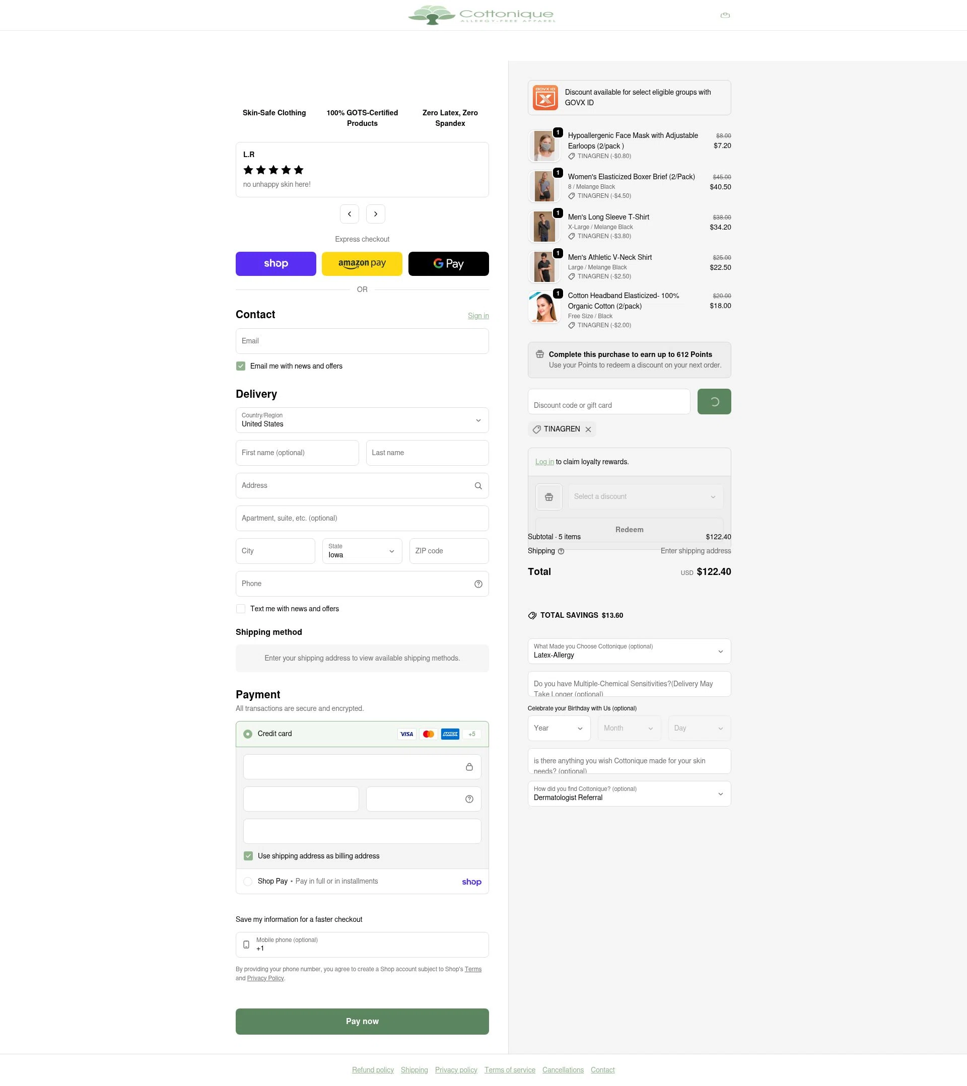 Cottonique checkout page showing Cottonique discount code box | Screenshot taken by SimplyCodes community member on Feb 19, 2026