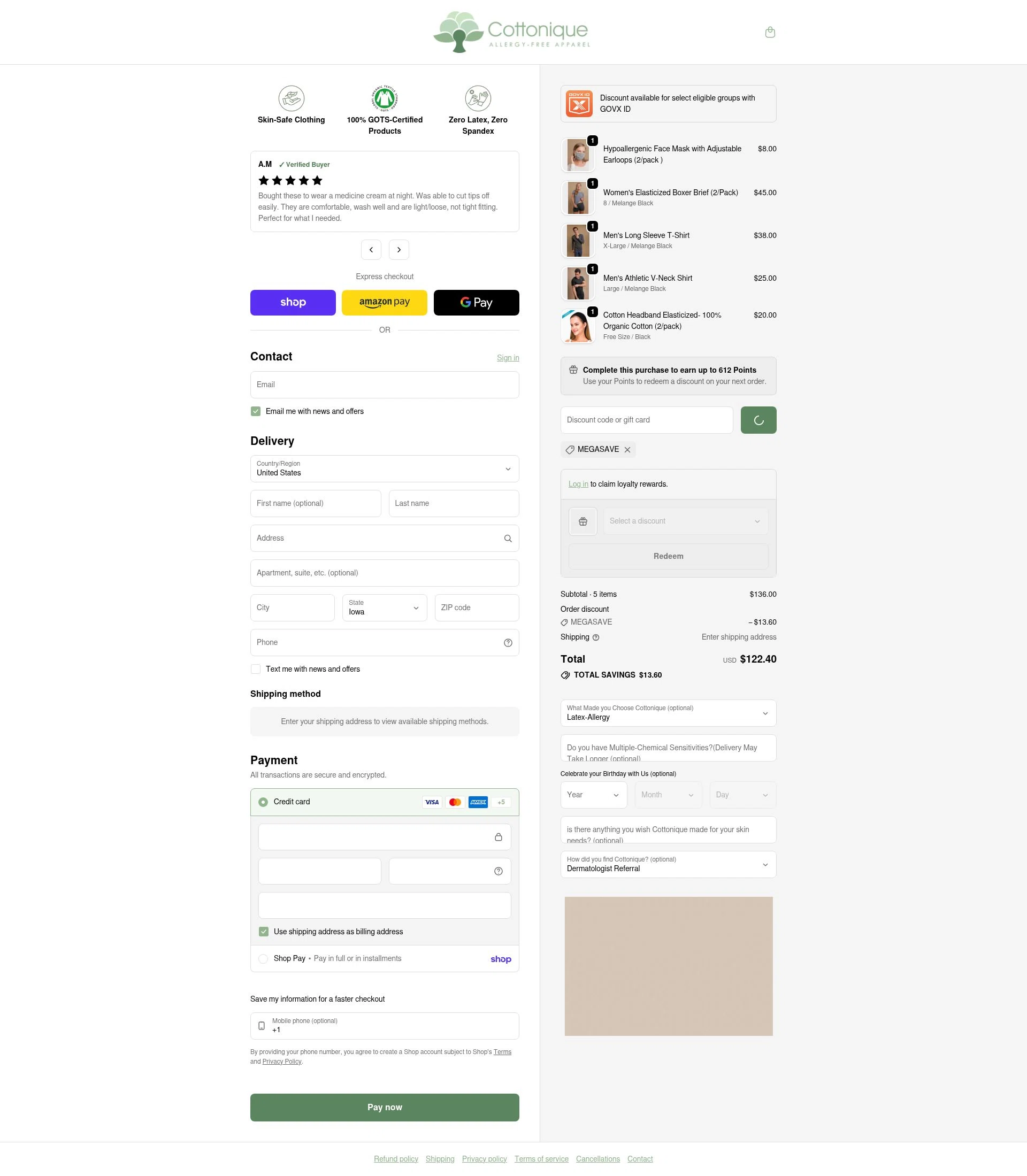 Cottonique checkout page showing Cottonique discount code box | Screenshot taken by SimplyCodes community member on Feb 20, 2026