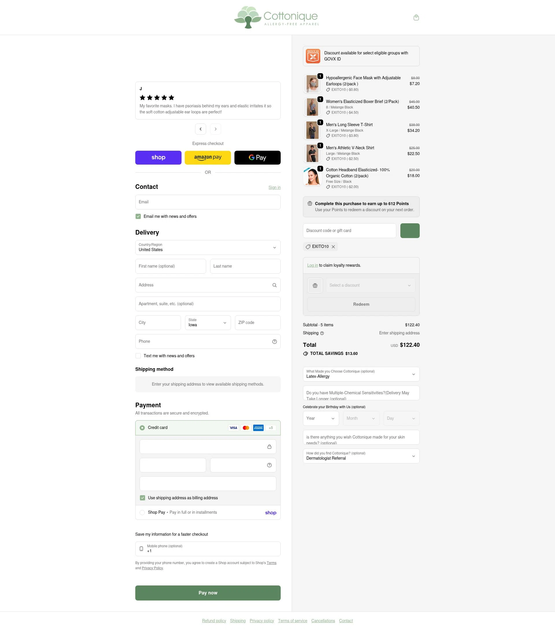Cottonique checkout page showing Cottonique discount code box | Screenshot taken by SimplyCodes community member on Feb 19, 2026