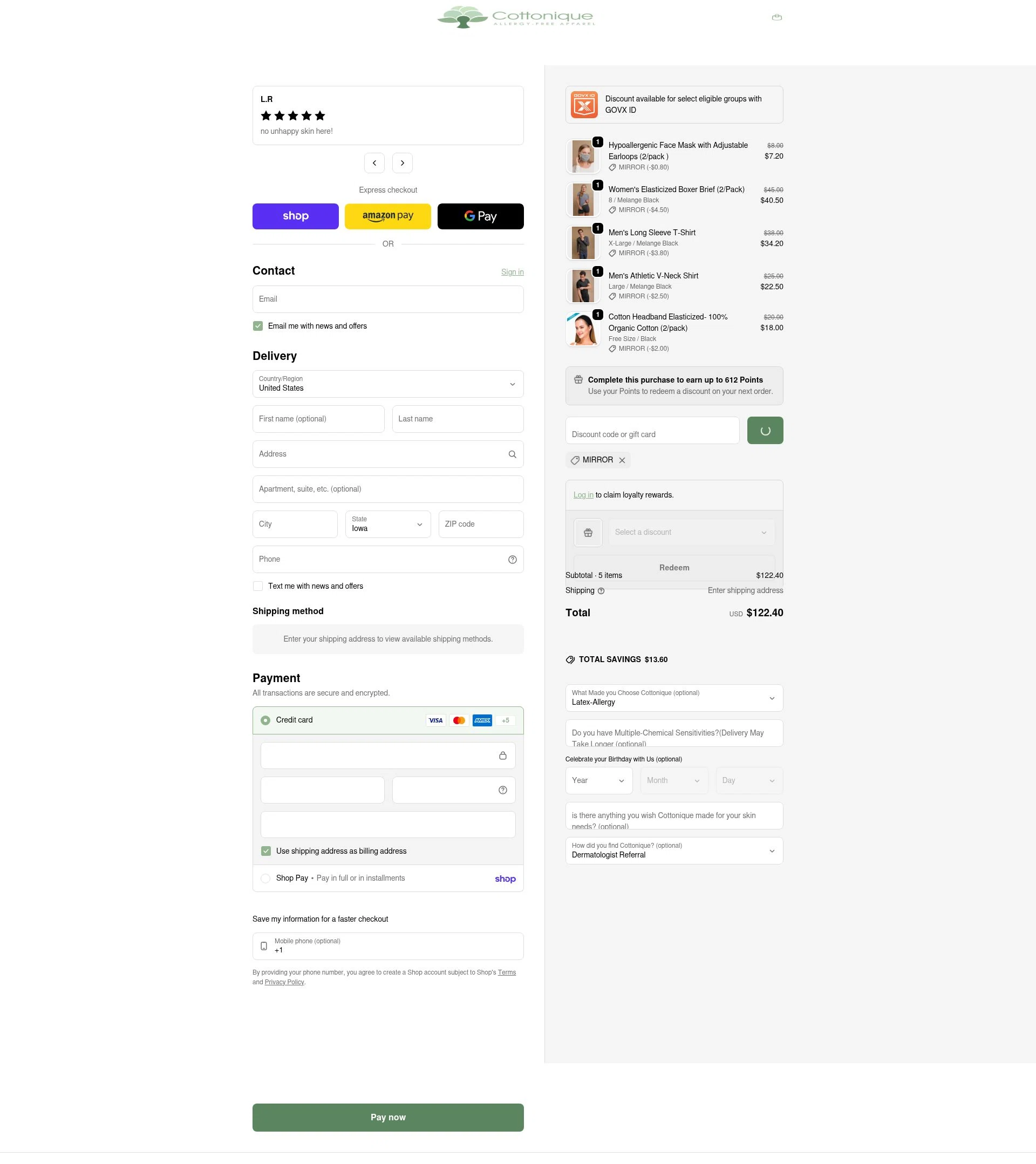 Cottonique checkout page showing Cottonique discount code box | Screenshot taken by SimplyCodes community member on Feb 19, 2026