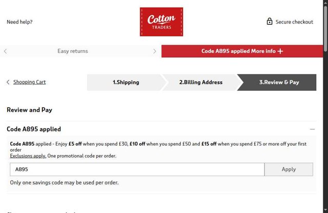 Cotton Traders checkout page showing Cotton Traders discount code box | Screenshot taken by SimplyCodes community member on Jun 14, 2025
