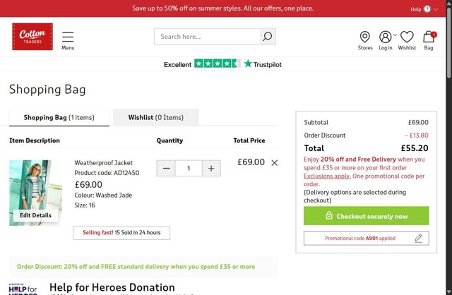 Cotton Traders checkout page showing Cotton Traders discount code box | Screenshot taken by SimplyCodes community member on Aug 5, 2025